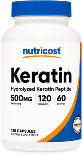Nutricost Keratina Hidrolizada cápsulas en botella, apoyo diario para la rutina de bienestar