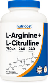 Nutricost Complejo L-Arginina y L-Citrulina, botella, apoyo para sesiones de entrenamiento sostenidas