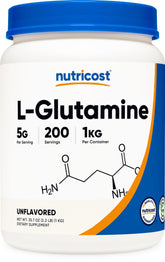 Nutricost L-Glutamina polvo en bote, ideal para batidos diarios.