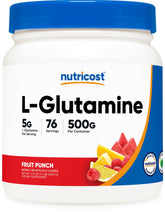 Nutricost L-Glutamina polvo sabor fruta en frasco, ideal para mezclas post-entrenamiento
