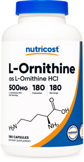 Nutricost L-ornitina 500mg, botella frontal, apoyo diario para un estilo de vida equilibrado.