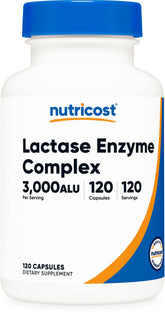 Nutricost Complejo enzimático de lactasa: botella visible, soporte digestivo suave.