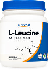 Nutricost L-Leucina en frasco, polvo puro para entrenamiento y recuperación.