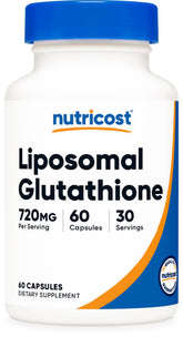 Nutricost Liposomal Glutathione, botella frontal, fácil integración diaria.