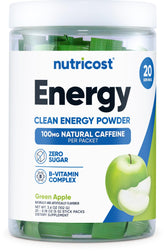 Nutricost Energía Complejo en bote, sabor manzana verde para energía rápida.