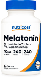 Nutricost Melatonina 10 mg, frasco y embalaje, ideal para rutina nocturna