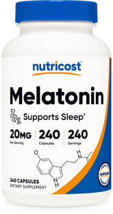Nutricost Melatonina 20 mg, frasco de cápsulas para la rutina nocturna.