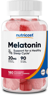 Nutricost Melatonina Gominolas fresa frasco: porciones convenientes para apoyar un descanso nocturno.