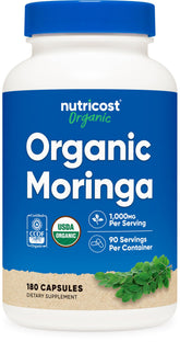 Botella de Nutricost Moringa Capsules con 180 cápsulas para uso diario.