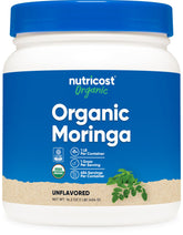 Nutricost Moringa en polvo en botella para dosis diarias de nutrición vegetal.