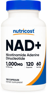 Nutricost NAD+ 1000 mg, cápsulas en botella, posible apoyo a la vitalidad diaria.
