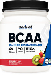 Nutricost polvo BCAA en botella, sabor fresa kiwi, ideal para entrenamientos