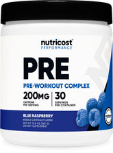 Nutricost Pre-Entrenamiento, sabor arándano azul, da energía para entrenamientos dinámicos.