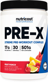 Nutricost Pre-X Extreme polvo Fruta Punch en envase, listo para porciones de entrenamiento