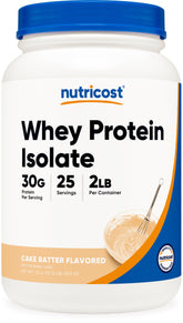 Nutricost proteína aislada, envase sabor masa para pastel, ideal para batidos.