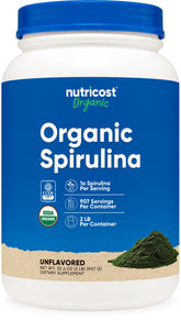 Nutricost Spirulina Orgánica: bote visible, fuente natural de nutrientes para tu día.
