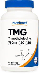 Nutricost Trimetilglicina botella frontal, suplemento diario de alta pureza para una rutina equilibrada.