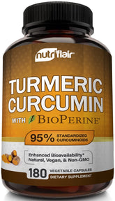 NutriFlair curcumina de cúrcuma con BioPerine, frasco para absorción óptima.