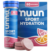 Nuun tabletas electrolitos sabor cítrico en envase, hidratación rápida.