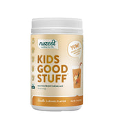 Nuzest Kids Good Stuff Vanilla Caramel, empaque frontal, nutrición diaria rápida para niños.