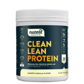 Proteína de guisante Nuzest vainilla en envase elegante para uso diario.