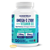Oceanblue Omega-3 2100: botella con etiqueta naranja para sabor agradable y conveniencia diaria.