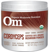 Om Cordyceps polvo frasco con etiqueta, ideal para energía diaria.