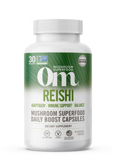 Cápsulas OM MUSHROOM SUPERFOOD Reishi en botella, posible apoyo al equilibrio diario.
