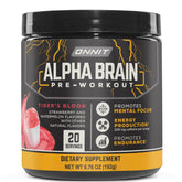ONNIT Alpha Brain, polvo pre-entrenamiento, envase visible, sabor Sangre de Tigre para energía sostenida
