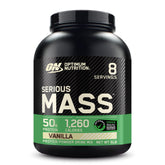 Envase de Optimum Nutrition Serious Mass en vainilla para ganancia de masa muscular.