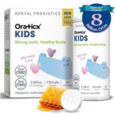 OraTicx Kids Probióticos tableta dental en empaque, apoyo a la higiene bucal diaria.