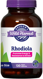 Rhodiola Oregon's Wild Harvest en botella de 120, posible aumento de energía.