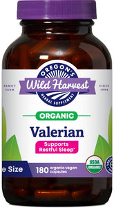 Valeriana Oregon's Wild Harvest, frasco de cápsulas, apoyo para dormir de forma natural.