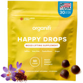 Organiifi Happy Drops envase de gomitas limón para un impulso diario de ánimo.
