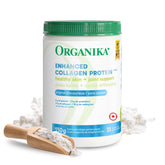 Organika Colágeno Mejorado, botella y vertido, apoyo a cabello, piel y articulaciones.