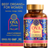 OVA flame, frente del bote de cápsulas para mujeres, ideal para uso diario.