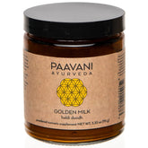 PAAVANI leche dorada, frasco para verter, ritual relajante.