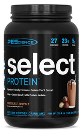 PEScience Select Protein en pote chocolate trufa, sabor premium para recuperación muscular y saciedad.