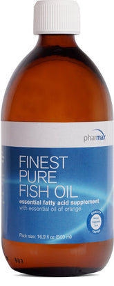 Pharmax aceite de pescado con naranja, frente de la botella, apoya la salud ocular y cerebral.