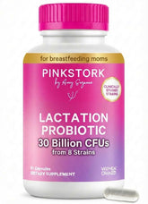 Pink Stork Lactation Probiotic en botella frente, apoyo digestivo para mamás lactantes