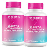 Pink Stork Myo-D-Chiro Inositol, botella mostrando la dosis 40:1 para equilibrio hormonal.