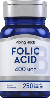 Piping Rock ácido fólico 400 mcg en frasco con tabletas vegetarianas para uso diario.