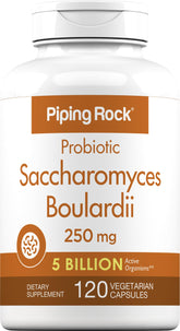 Piping Rock Saccharomyces boulardii cápsulas en frasco primer plano para uso diario.