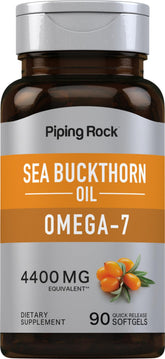 Piping Rock Sea Buckthorn cápsulas blandas frente a la botella, consumo diario cómodo