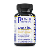 Premier Research Labs Amino HGH: botella con cápsulas para apoyo muscular potencial.