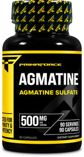 Primaforce Agmatine Sulfate, botella visible, dosis de 500 mg para posible rendimiento