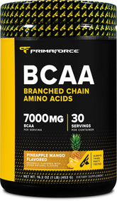 Primaforce BCAA Piña Mango en bote de 30 porciones para recuperación muscular.