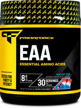 Primaforce EAA polvo frente al pote, apoyo para entrenamientos y recuperación muscular.