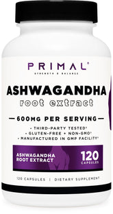 Primal Ashwagandha: botella frontal para apoyo diario de bienestar.