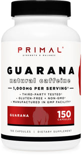 Primal Guarana: botella frontal, energía sostenida para el día.